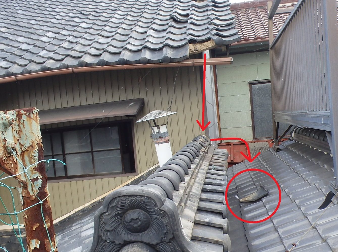 桑名市の瓦屋根、瓦の寿命を迎え軒瓦が隣の屋根に落ちている所