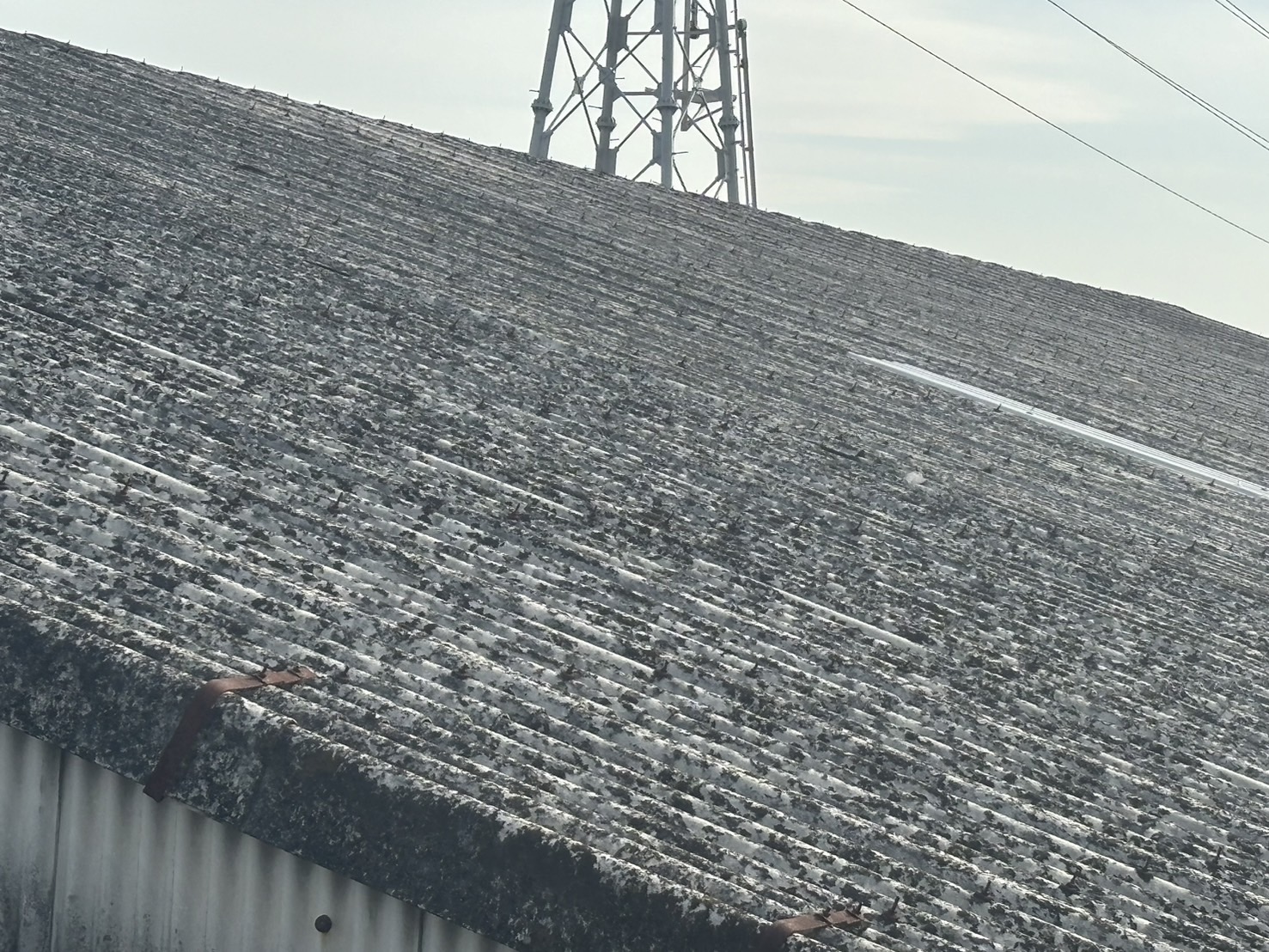 川越町の倉庫、スレート屋根劣化状況全景
