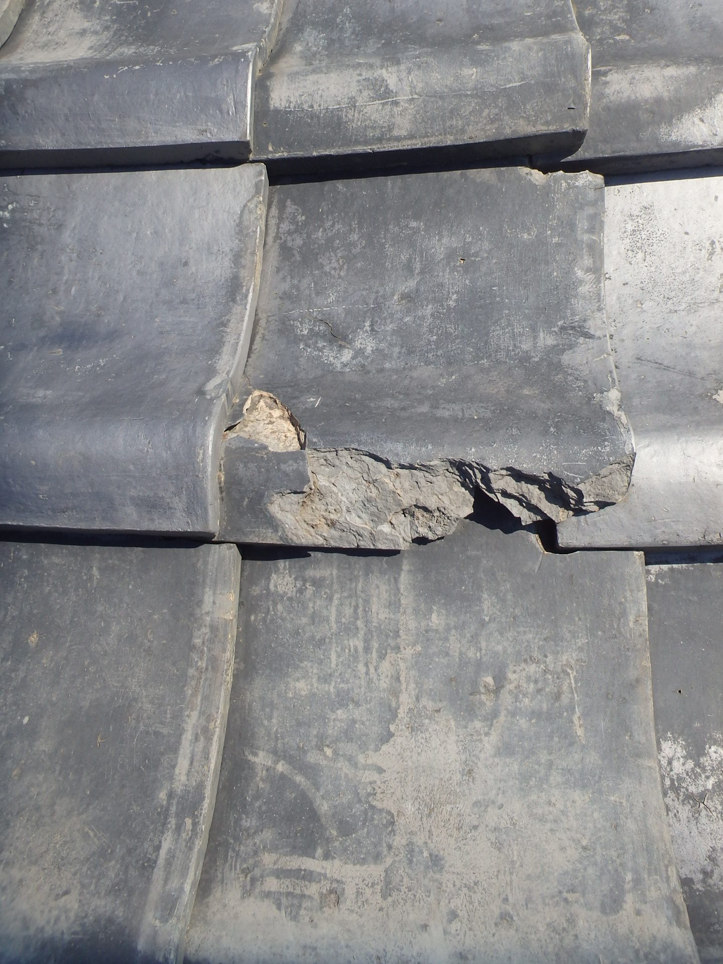 桑名市の古民家にて古い瓦屋根の凍て割れ状況