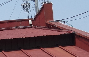 波板と瓦棒葺きの片流れ屋根の段差部分。