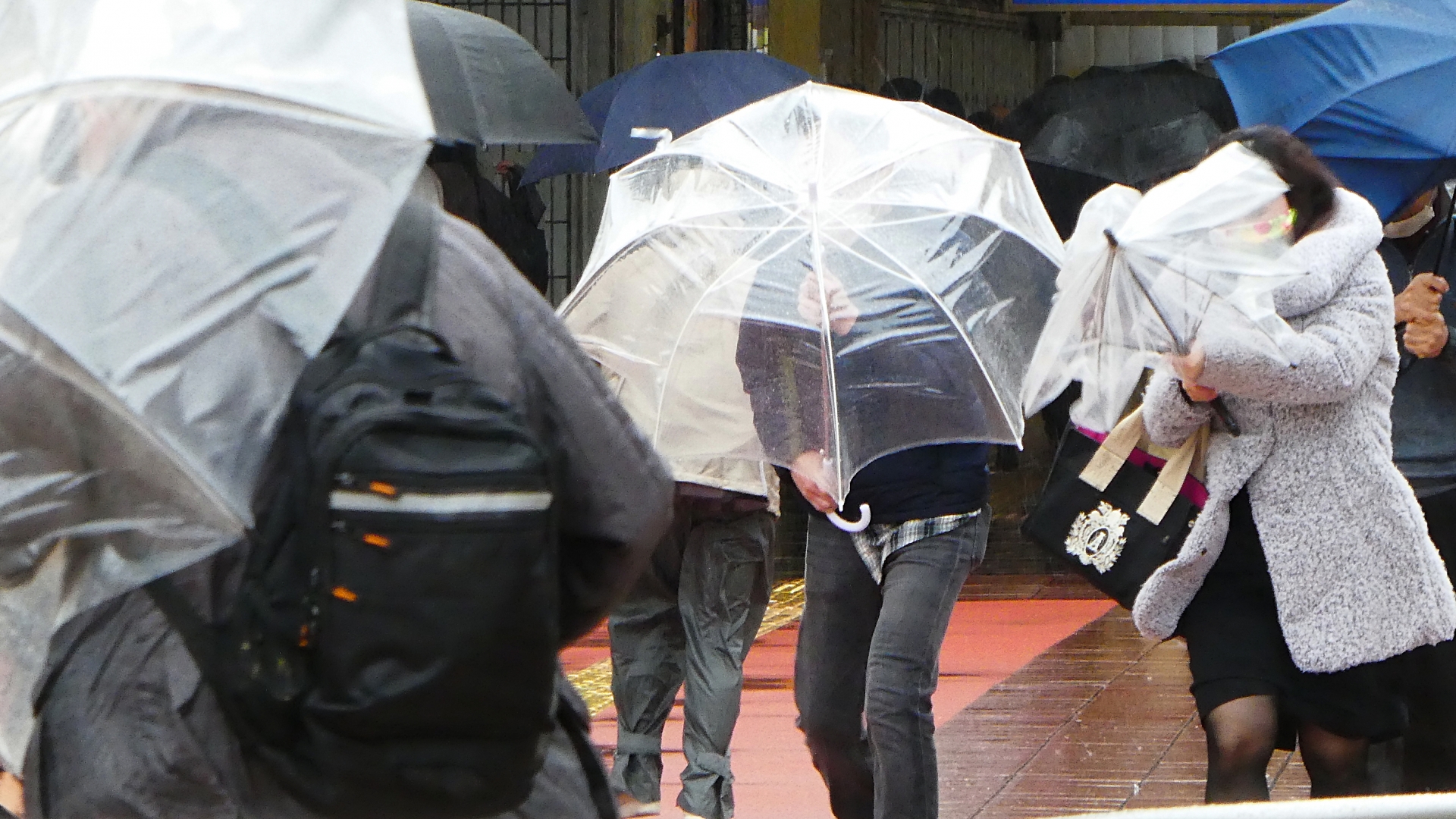 亀山市の方へ、強風で傘が飛ばされそうな状況