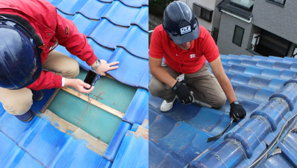 瓦屋根の上で写真を撮り、細かく点検している街の屋根やさんスタッフ